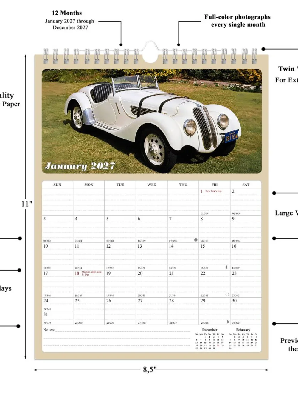 2027 Wall Calendar Spiral-bound Twin - 12 Months Planner 8.5